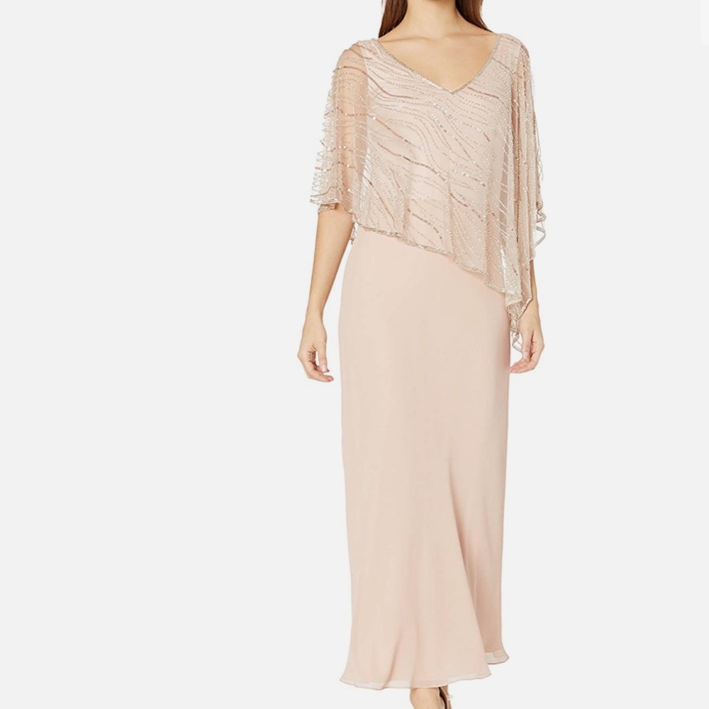 J Kara Women's Capelet beaded pop over dress in blush/silver. Size 10